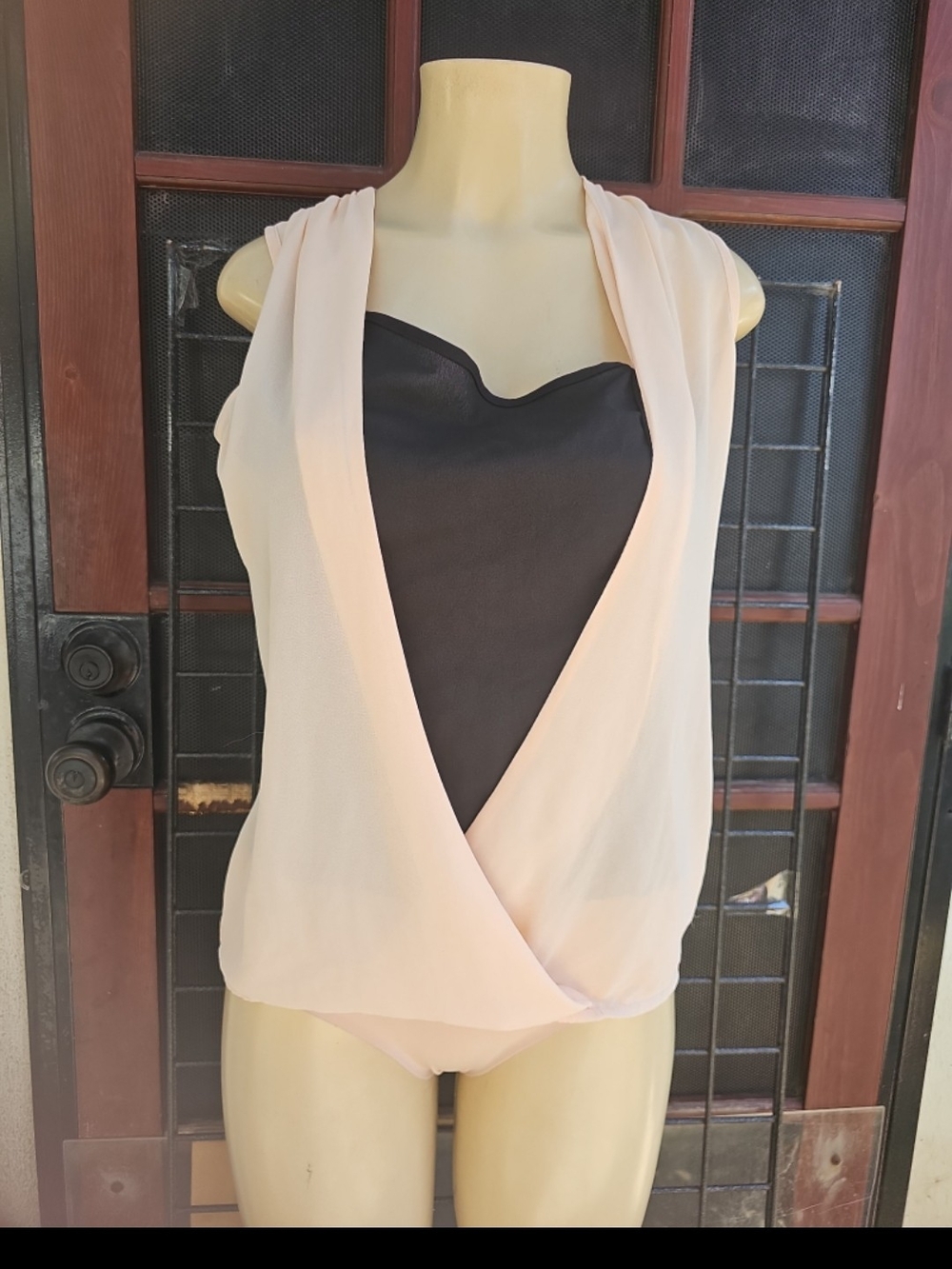 Sleeveless Surplice Bodysuit in Light Pink and Black - Picture 1 of 4